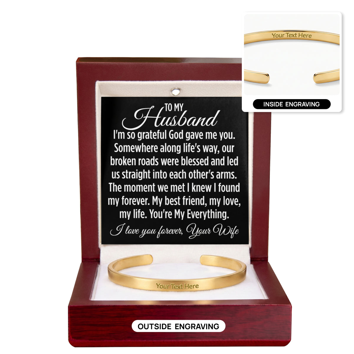 To My Husband "I'm so grateful God gave me you."Meeting you was fate..." Engraved Cuff Bracelet