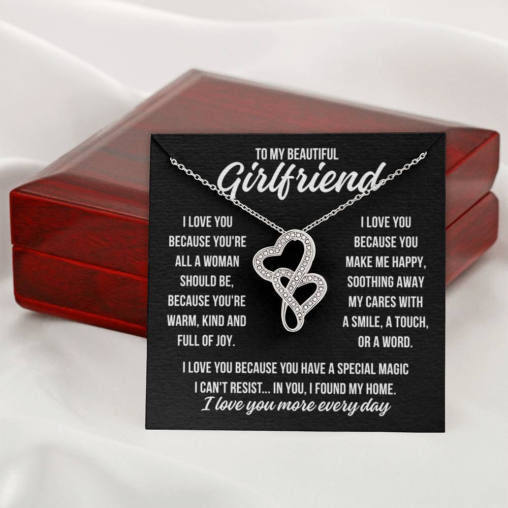 To My Beautiful Girlfriend "I love you because..." Heart to Heart Zirconia Crystal Pendant Necklace