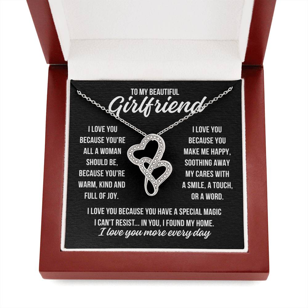 To My Beautiful Girlfriend "I love you because..." Heart to Heart Zirconia Crystal Pendant Necklace