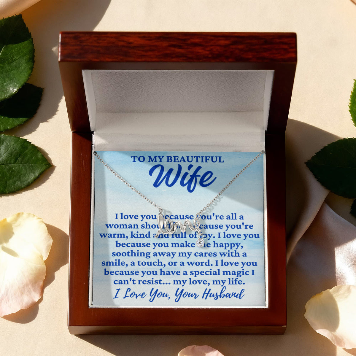 To My Wife "I love you because..." Love Ribbon Pendant Necklace With Charm