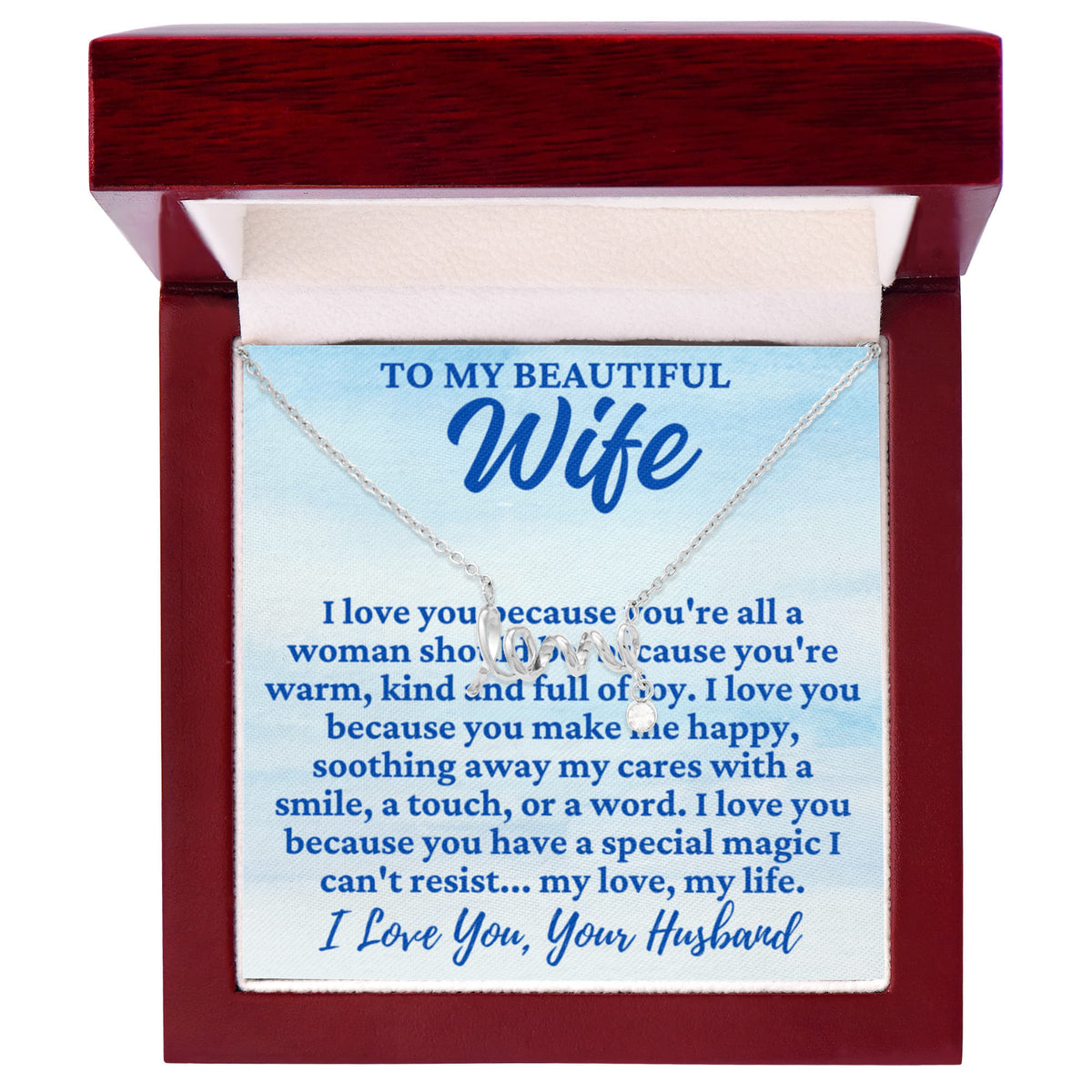 To My Wife "I love you because..." Love Ribbon Pendant Necklace With Charm