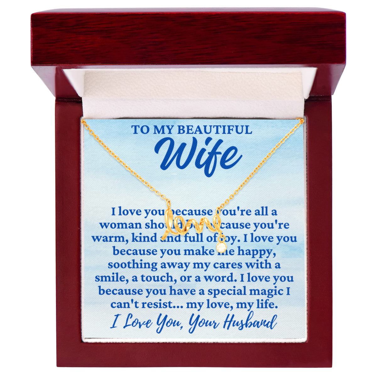 To My Wife "I love you because..." Love Ribbon Pendant Necklace With Charm