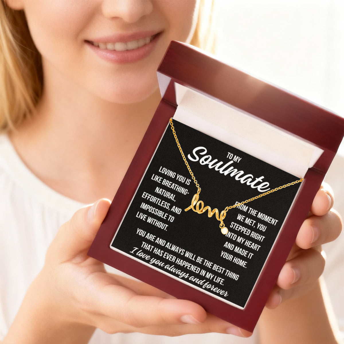 To My Soulmate "Loving you is..." Love Ribbon Pendant Necklace With Charm