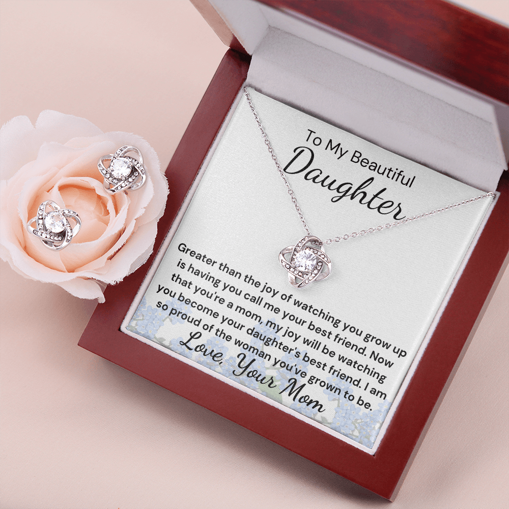 Gift to Daughter From Mom Greatest Joy Love Knot Earring & Necklace Set
