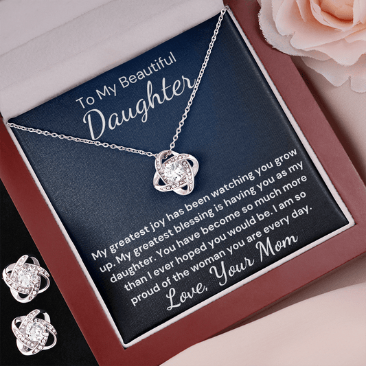 Gift to Daughter From Mom Greatest Blessing Love Knot Earring & Necklace Set