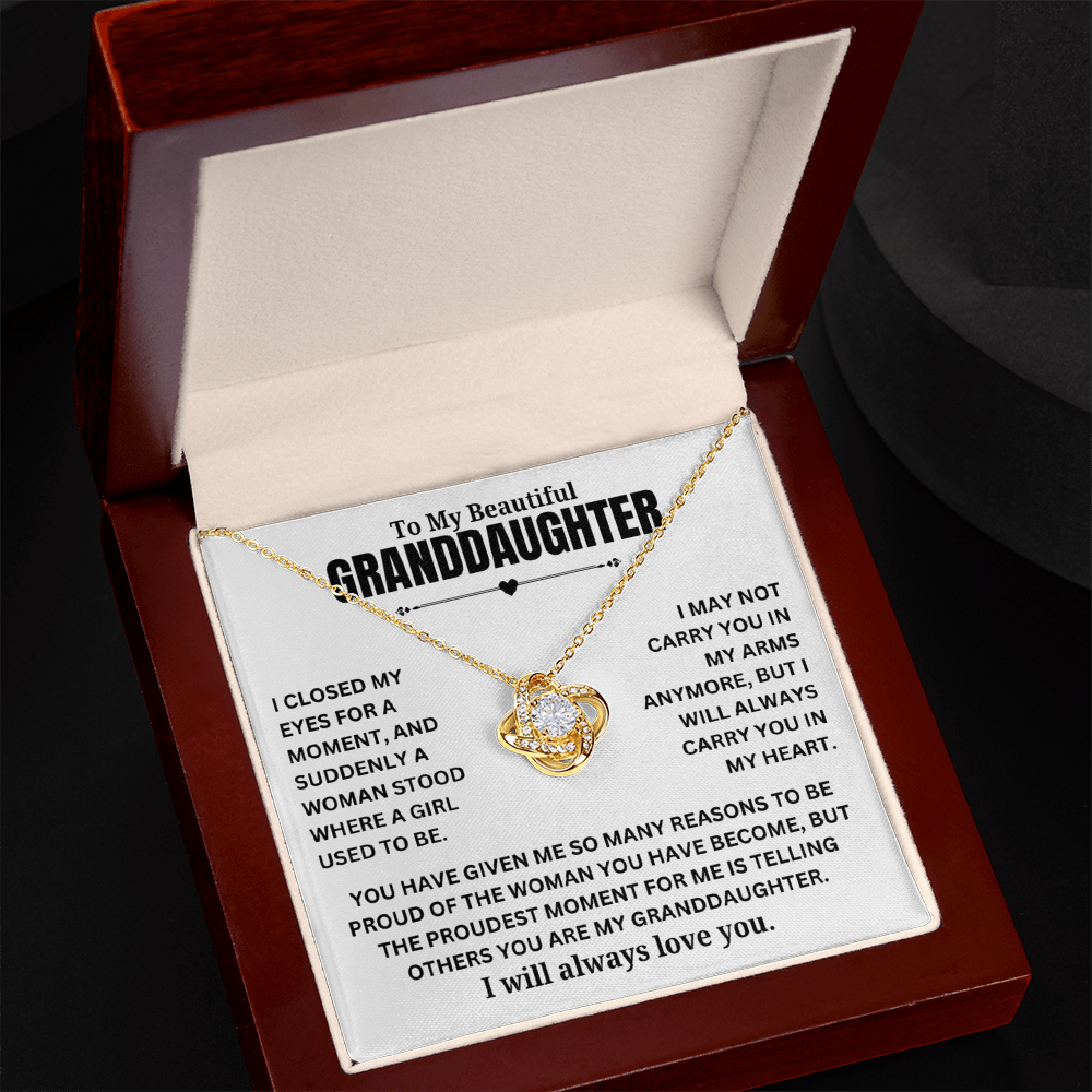 To My Beautiful Granddaughter "I may not carry you..." Zirconia Crystal Love Knot Necklace, view 3