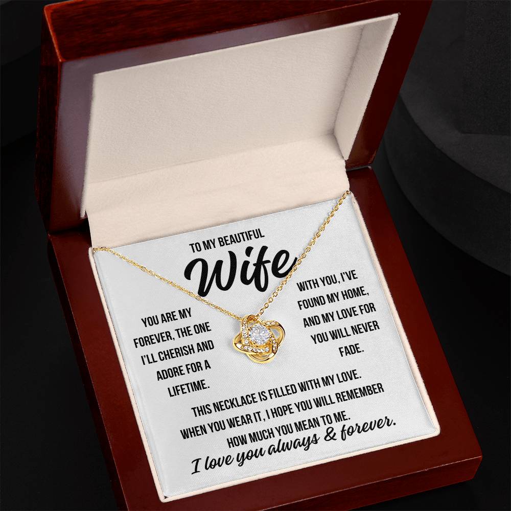 To My Beautiful Wife "You are my forever..." Zirconia Crystal Love Knot Necklace, view 3