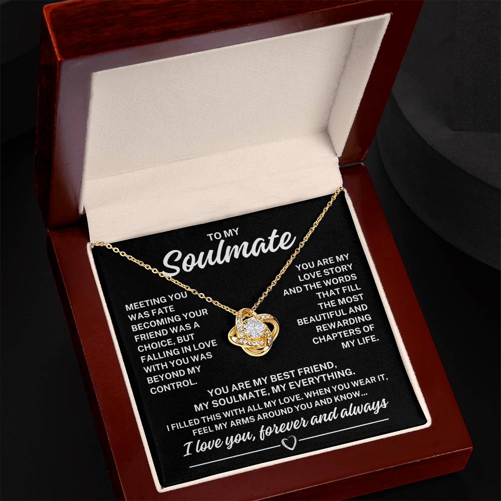 To My Soulmate "You are my love story..." Zirconia Crystal Love Knot Necklace, view 3