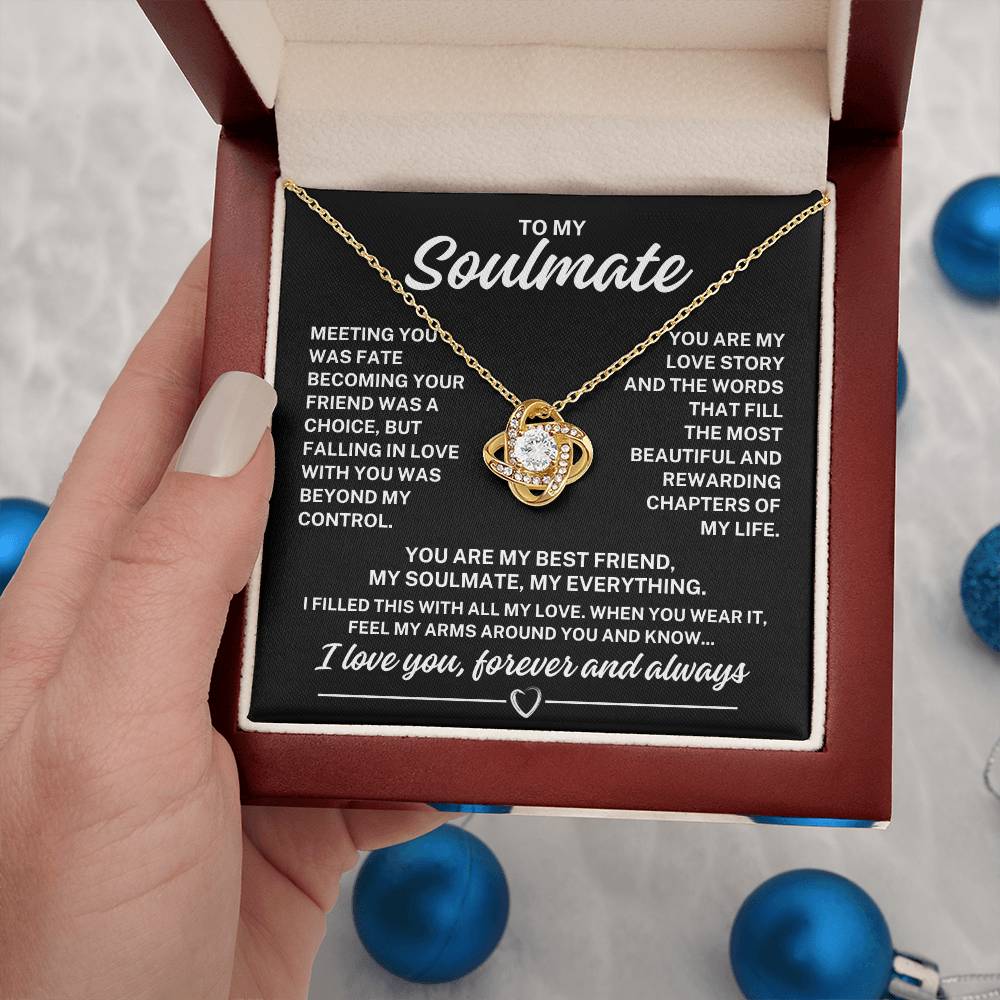 To My Soulmate "You are my love story..." Zirconia Crystal Love Knot Necklace, view 6