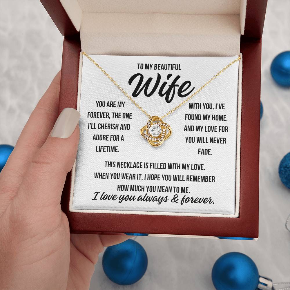 To My Beautiful Wife "You are my forever..." Zirconia Crystal Love Knot Necklace, view 6
