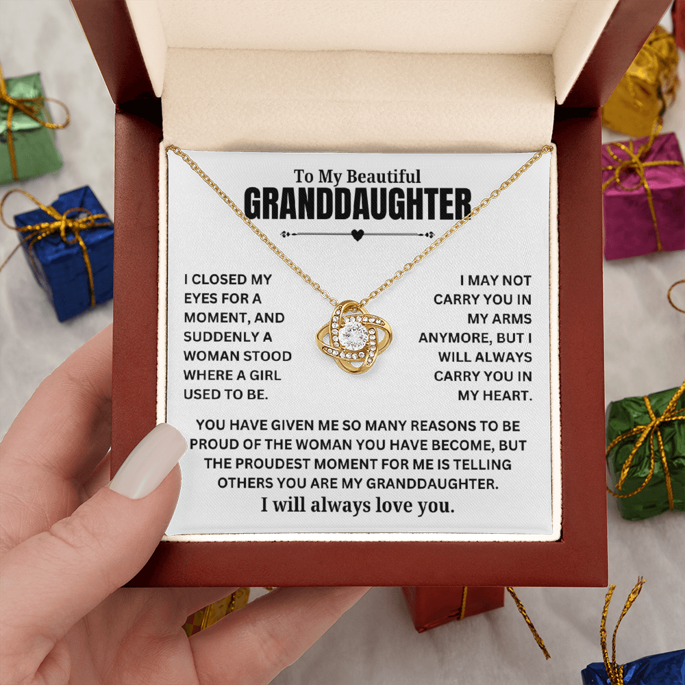 To My Beautiful Granddaughter "I may not carry you..." Zirconia Crystal Love Knot Necklace, view 5