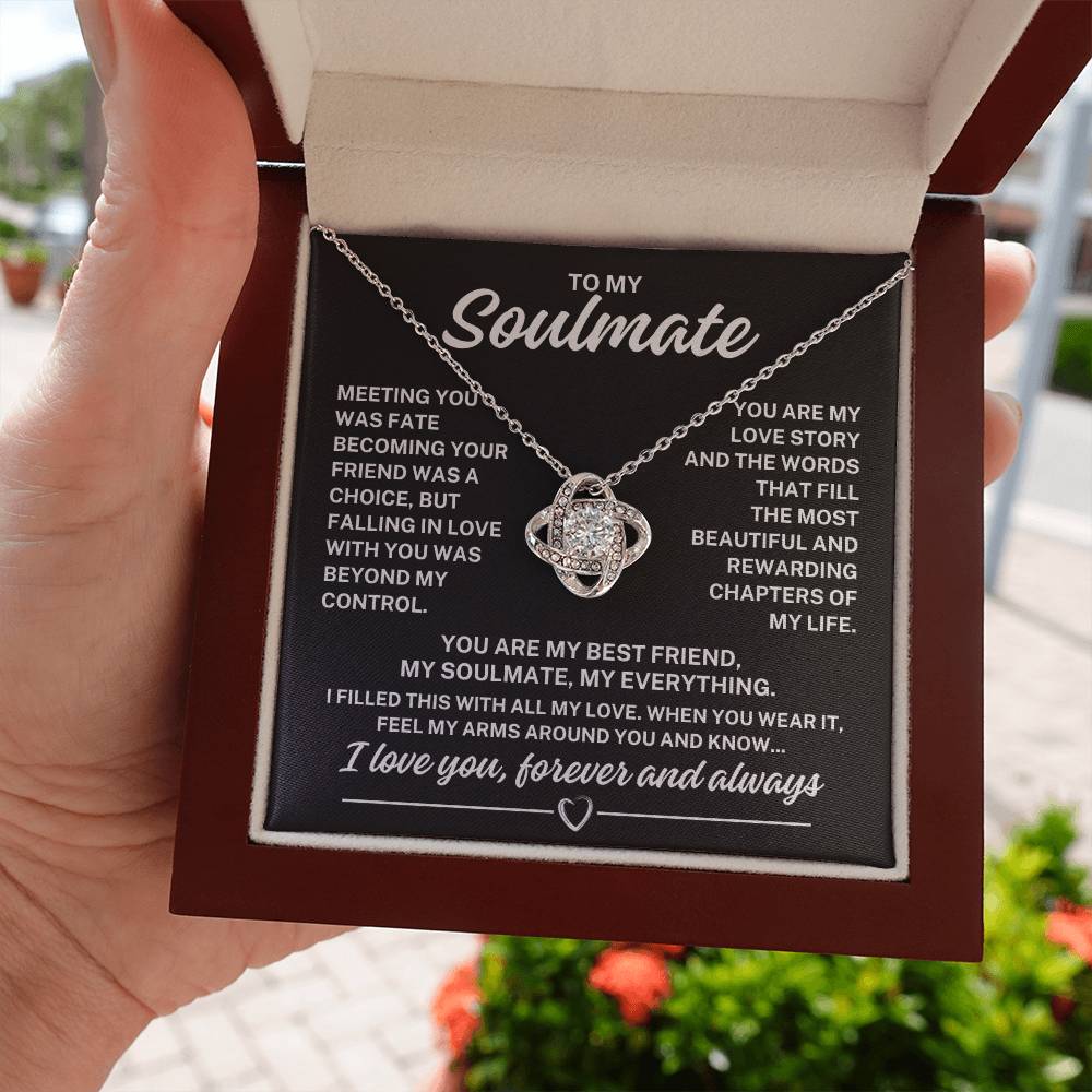To My Soulmate "You are my love story..." Zirconia Crystal Love Knot Necklace, view 5
