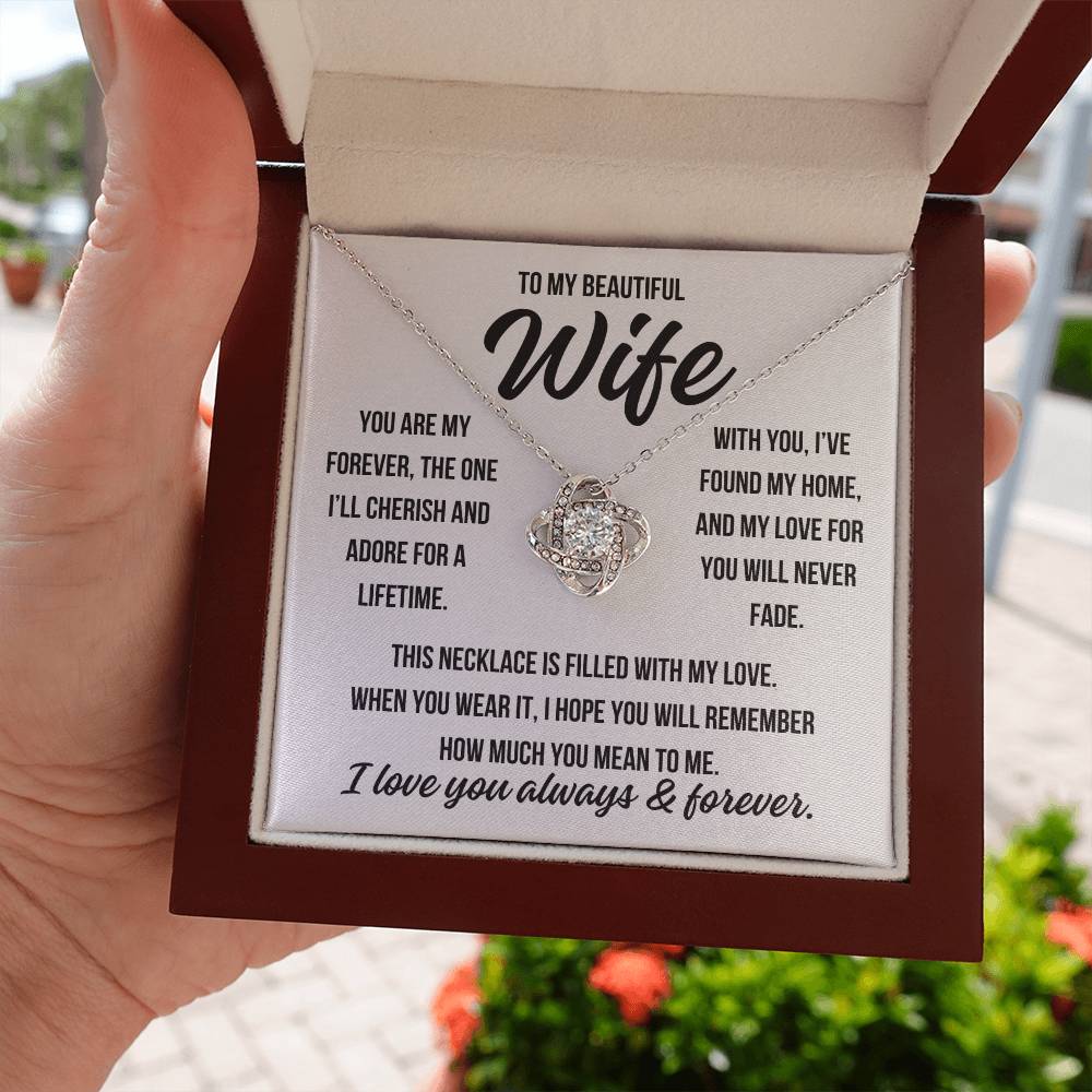 To My Beautiful Wife "You are my forever..." Zirconia Crystal Love Knot Necklace, view 5