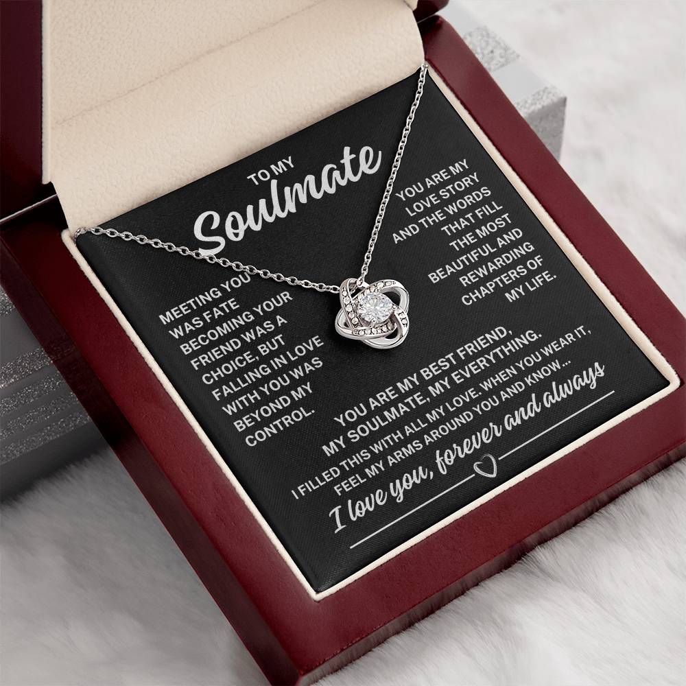 To My Soulmate "You are my love story..." Zirconia Crystal Love Knot Necklace, view 4