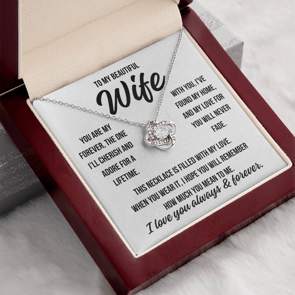 To My Beautiful Wife "You are my forever..." Zirconia Crystal Love Knot Necklace, view 4