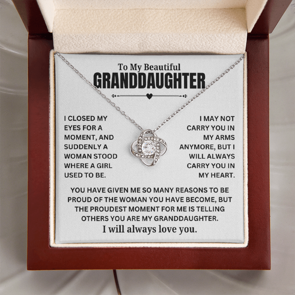 To My Beautiful Granddaughter "I may not carry you..." Zirconia Crystal Love Knot Necklace, view 6