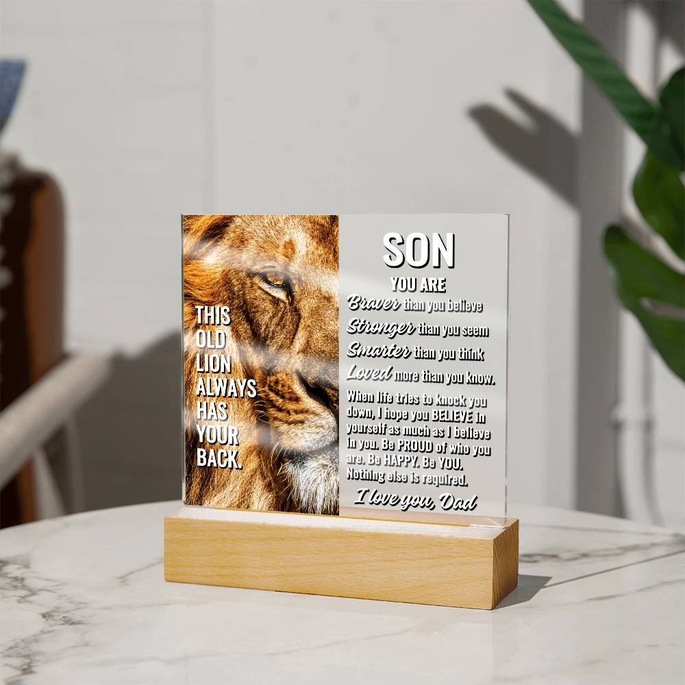 To Son From Dad "This old lion..." Acrylic Plaque With Lighted Base