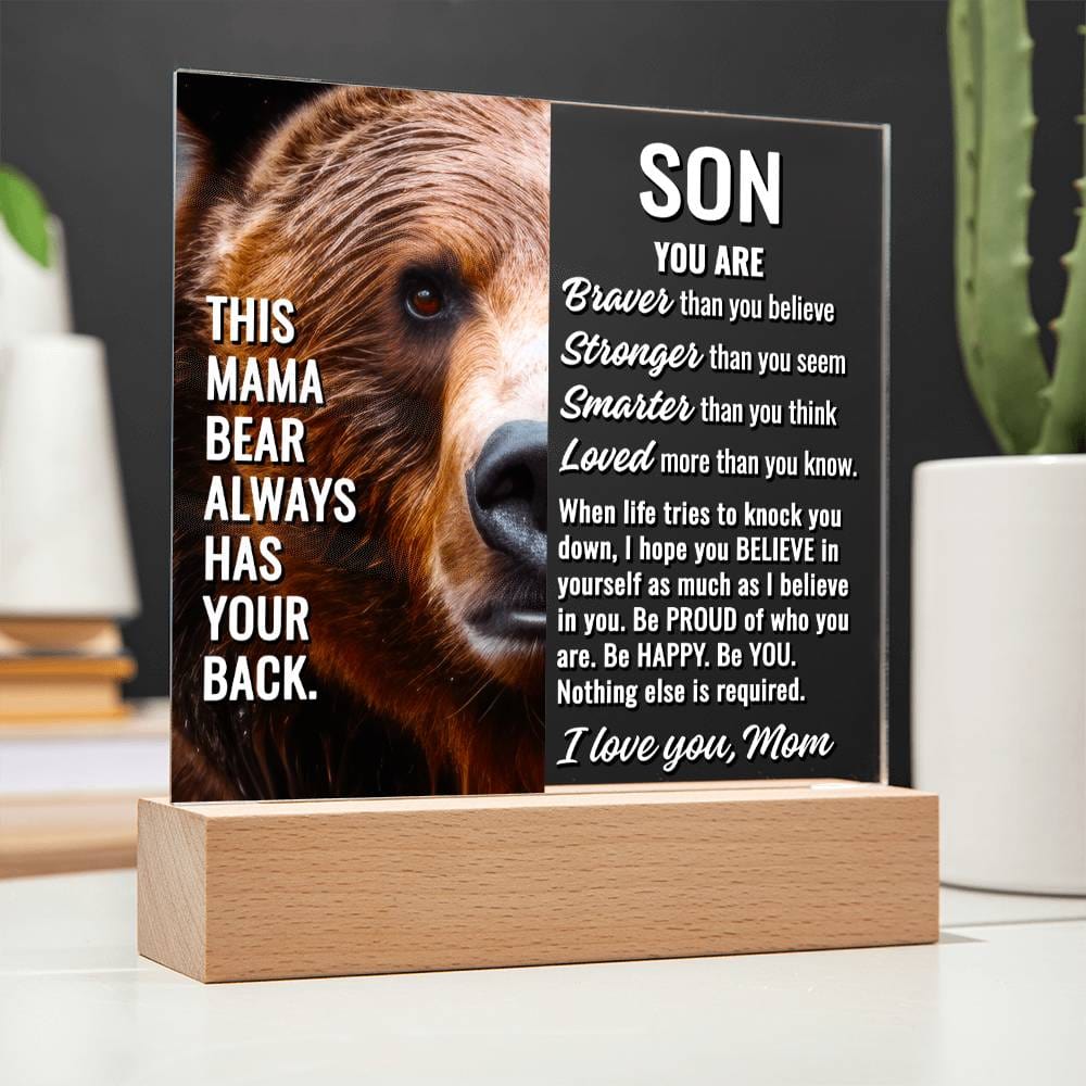 To Son From Mom "This mama bear..." Acrylic Plaque With Lighted Base