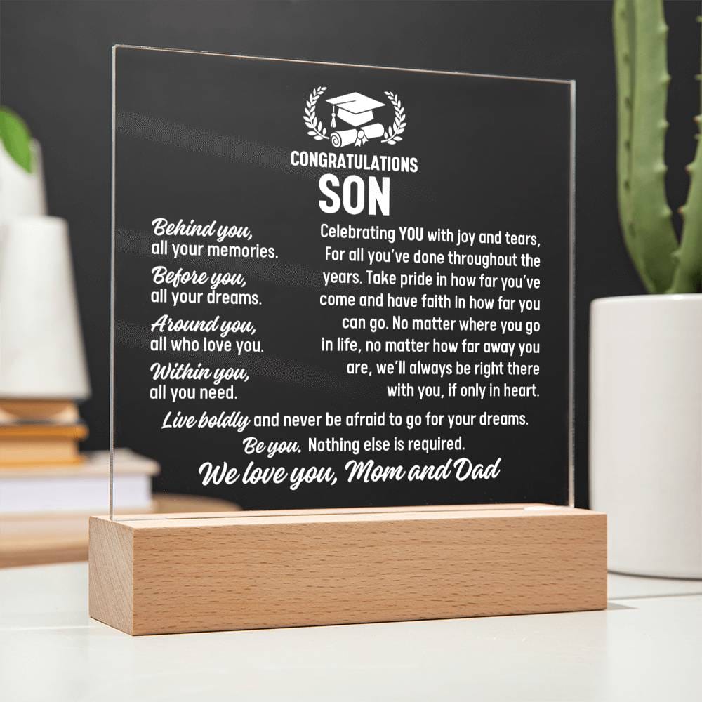 Son Graduation Gift From Mom and Dad,  Acrylic Plaque With Lighted Base