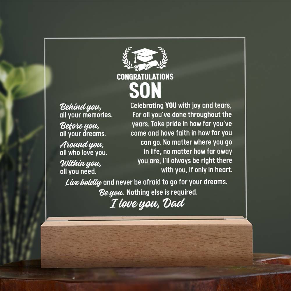 Son Graduation Gift From Dad,  Acrylic Plaque With Lighted Base