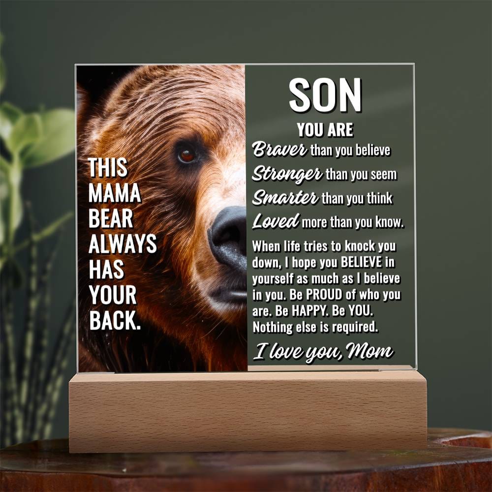 To Son From Mom "This mama bear..." Acrylic Plaque With Lighted Base