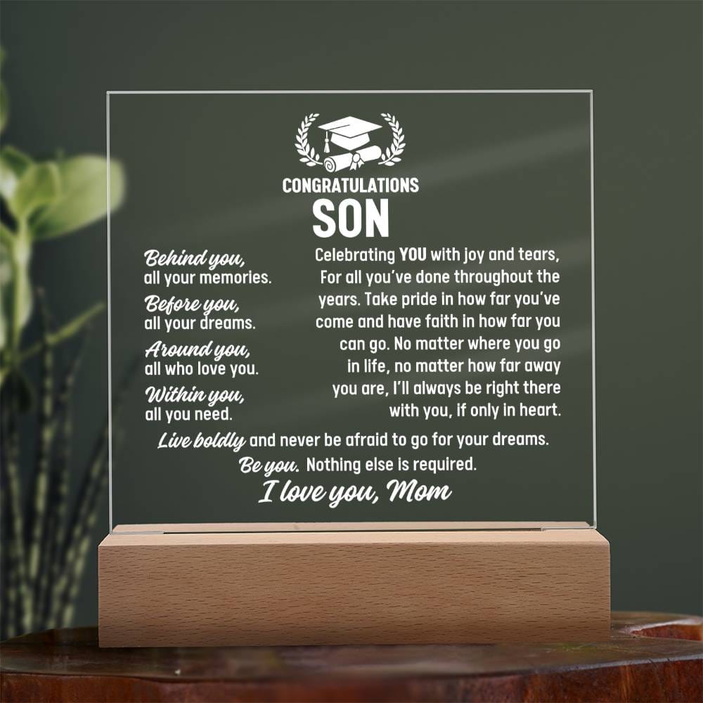 Son Graduation Gift From Mom,  Acrylic Plaque With Lighted Base