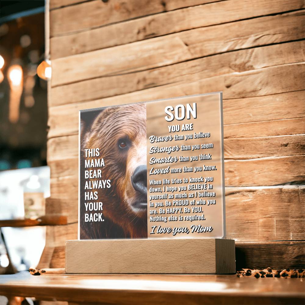 To Son From Mom "This mama bear..." Acrylic Plaque With Lighted Base