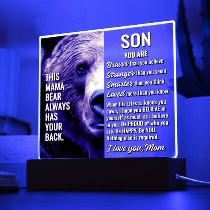 To Son From Mom "This mama bear..." Acrylic Plaque With Lighted Base