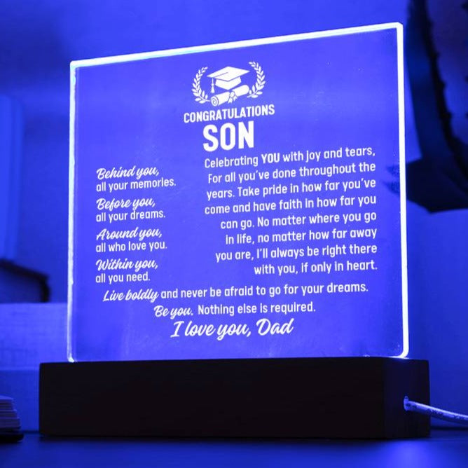 Son Graduation Gift From Dad,  Acrylic Plaque With Lighted Base