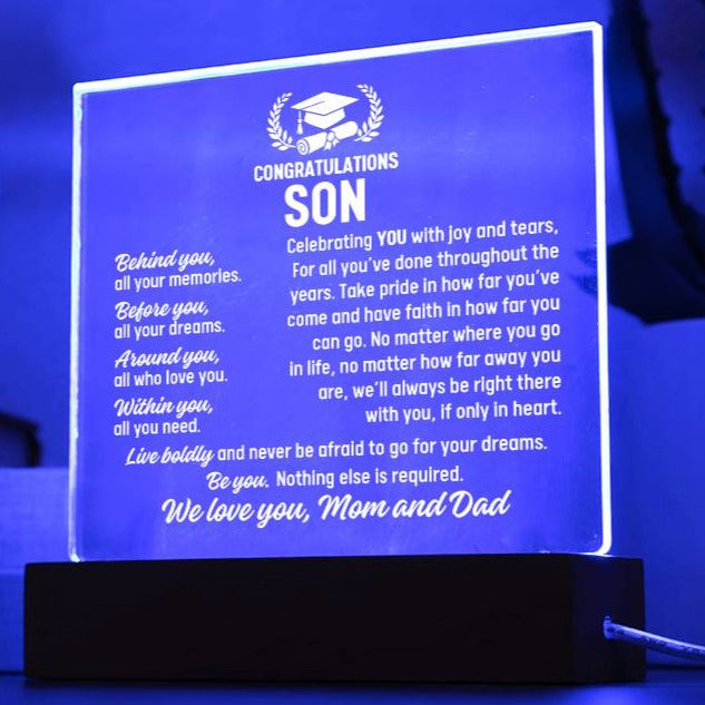 Son Graduation Gift From Mom and Dad,  Acrylic Plaque With Lighted Base