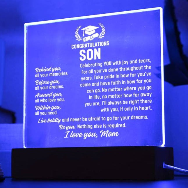 Son Graduation Gift From Mom,  Acrylic Plaque With Lighted Base