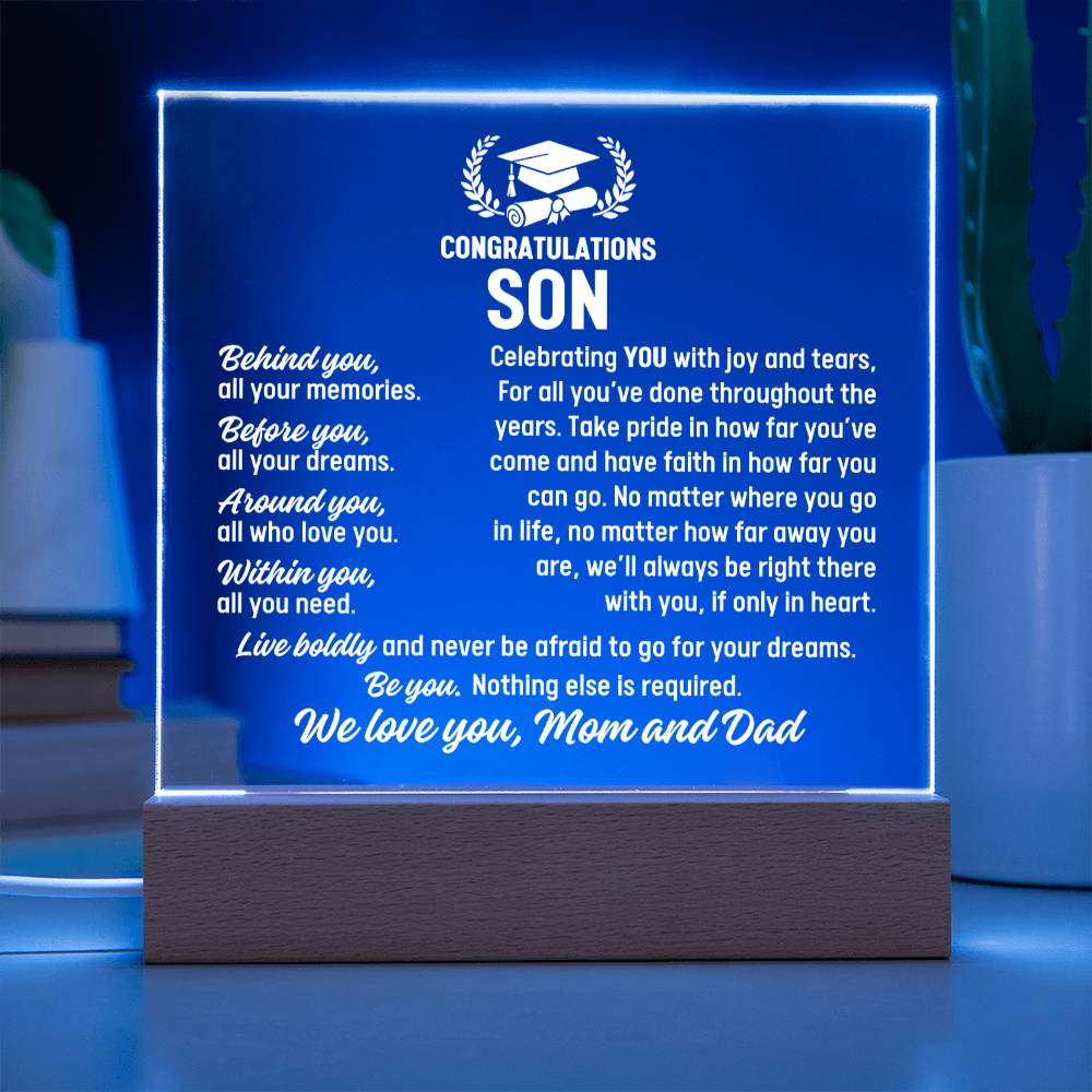 Son Graduation Gift From Mom and Dad,  Acrylic Plaque With Lighted Base