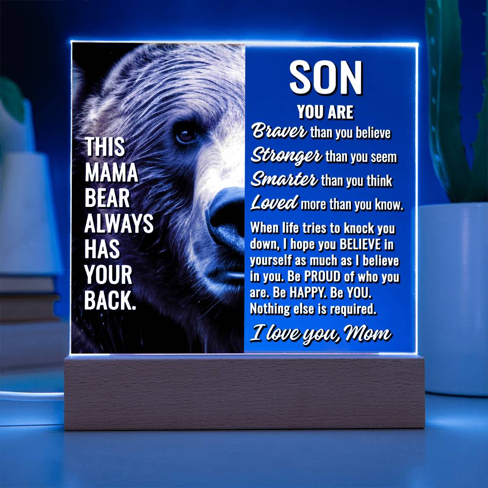 To Son From Mom "This mama bear..." Acrylic Plaque With Lighted Base