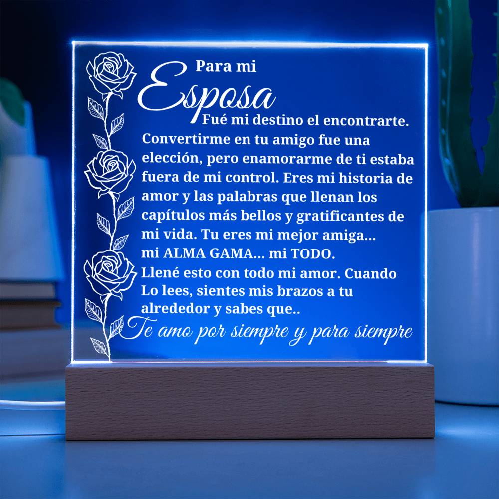 A mi esposa "Conocerte fue el destino..." Placa acrílica con base iluminada
