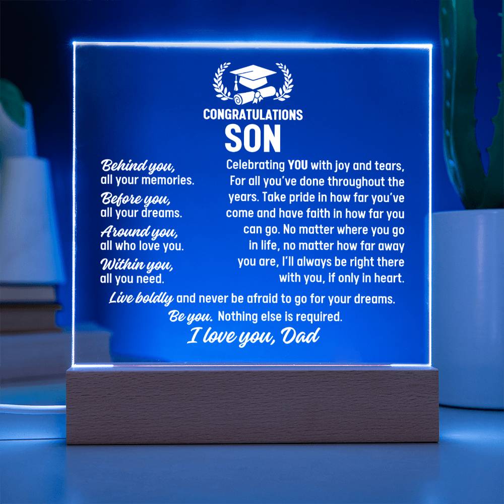 Son Graduation Gift From Dad,  Acrylic Plaque With Lighted Base