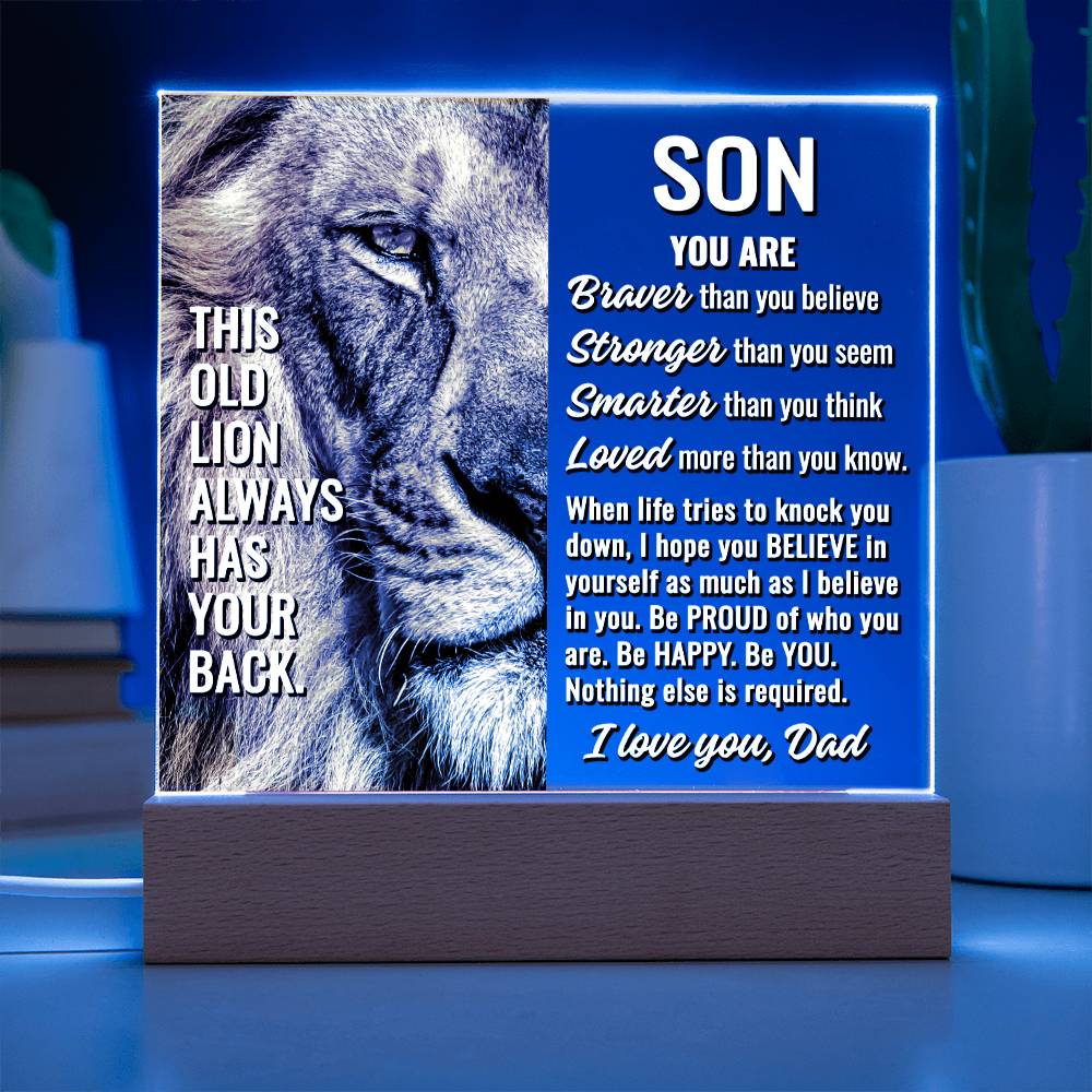 To Son From Dad "This old lion..." Acrylic Plaque With Lighted Base