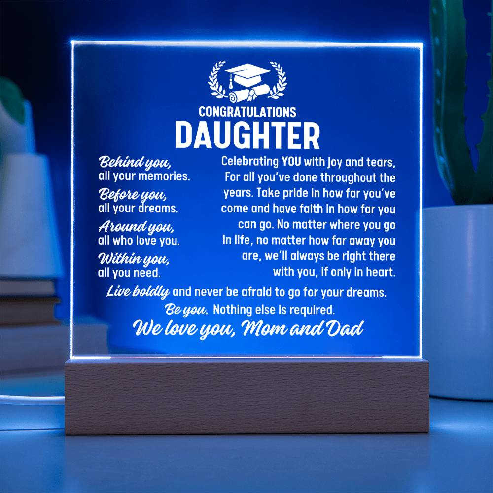 Daughter Graduation Gift From Mom and Dad,  Acrylic Plaque With Lighted Base
