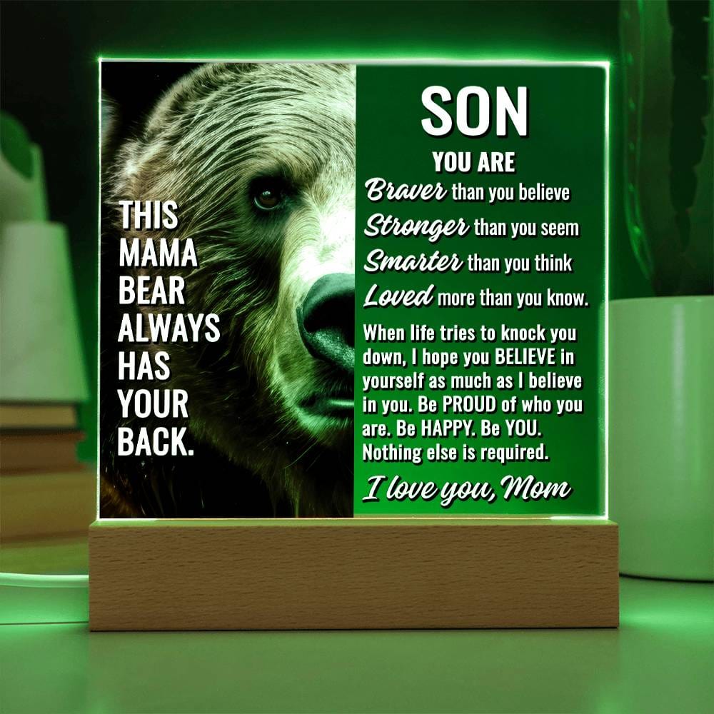 To Son From Mom "This mama bear..." Acrylic Plaque With Lighted Base