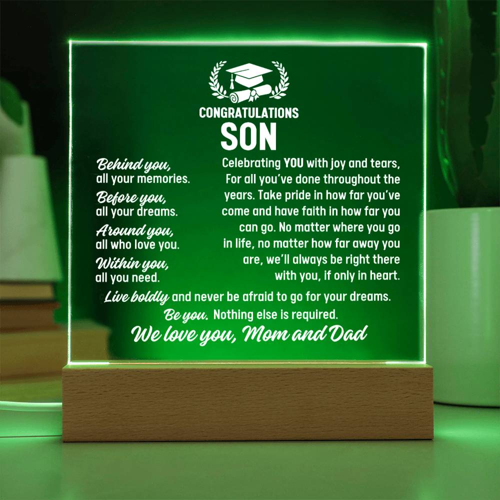 Son Graduation Gift From Mom and Dad,  Acrylic Plaque With Lighted Base