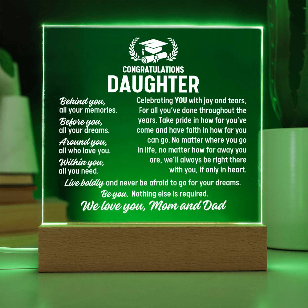Daughter Graduation Gift From Mom and Dad,  Acrylic Plaque With Lighted Base