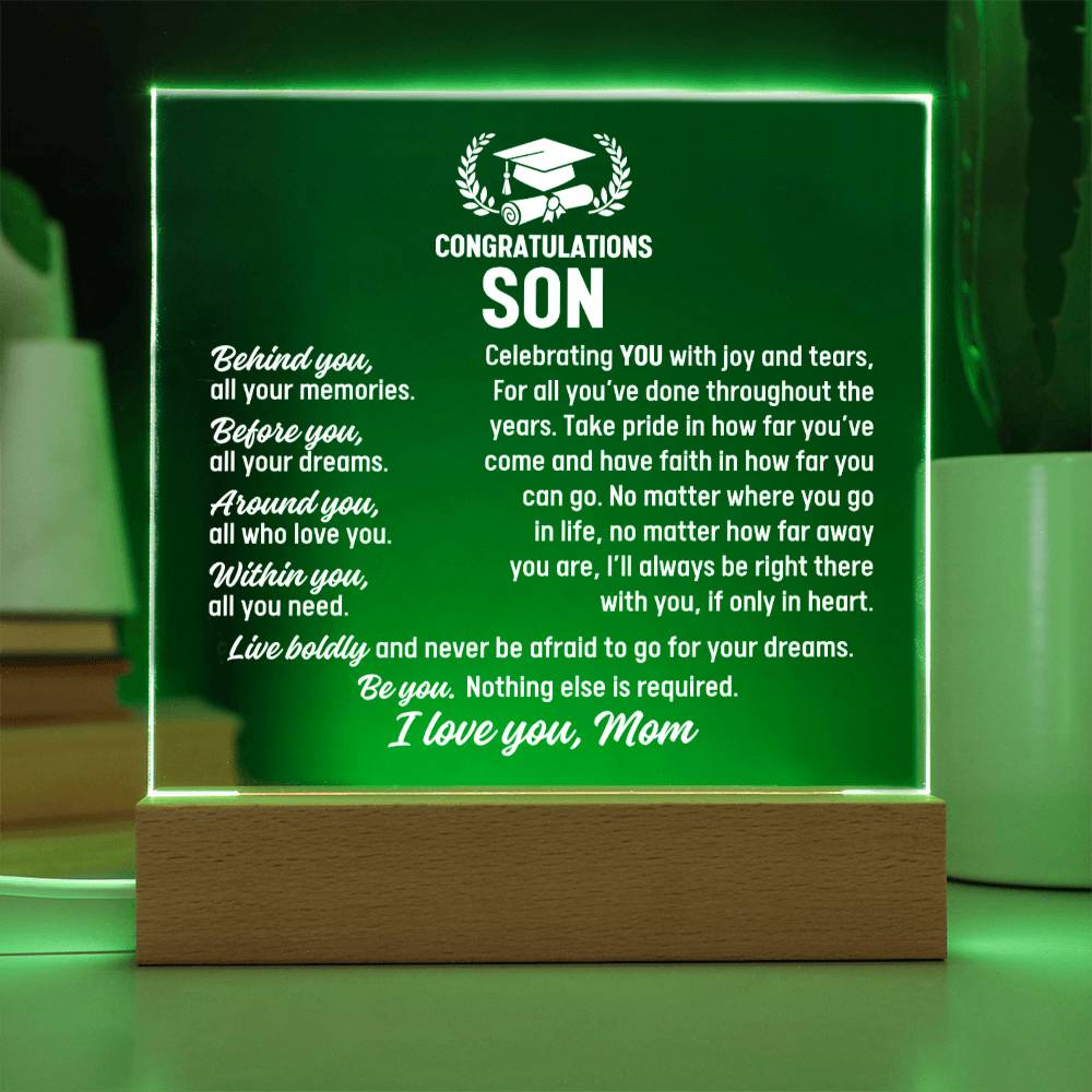 Son Graduation Gift From Mom,  Acrylic Plaque With Lighted Base