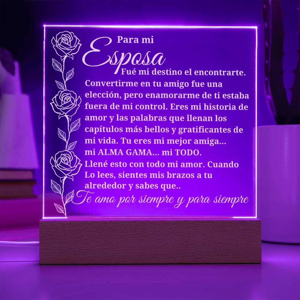 A mi esposa "Conocerte fue el destino..." Placa acrílica con base iluminada