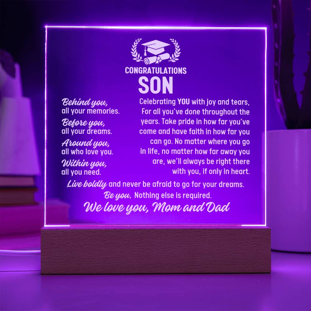 Son Graduation Gift From Mom and Dad,  Acrylic Plaque With Lighted Base