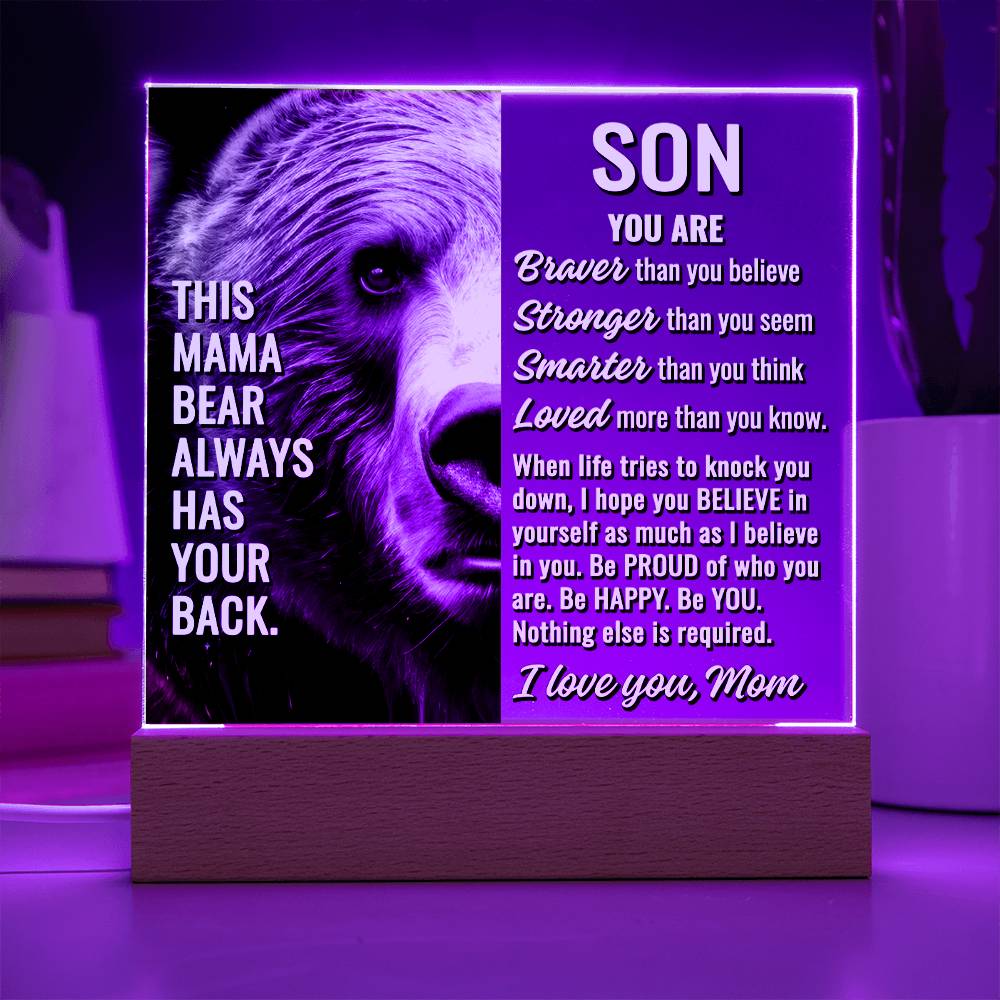 To Son From Mom "This mama bear..." Acrylic Plaque With Lighted Base