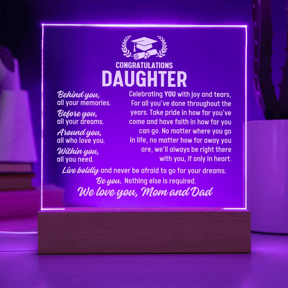Daughter Graduation Gift From Mom and Dad,  Acrylic Plaque With Lighted Base