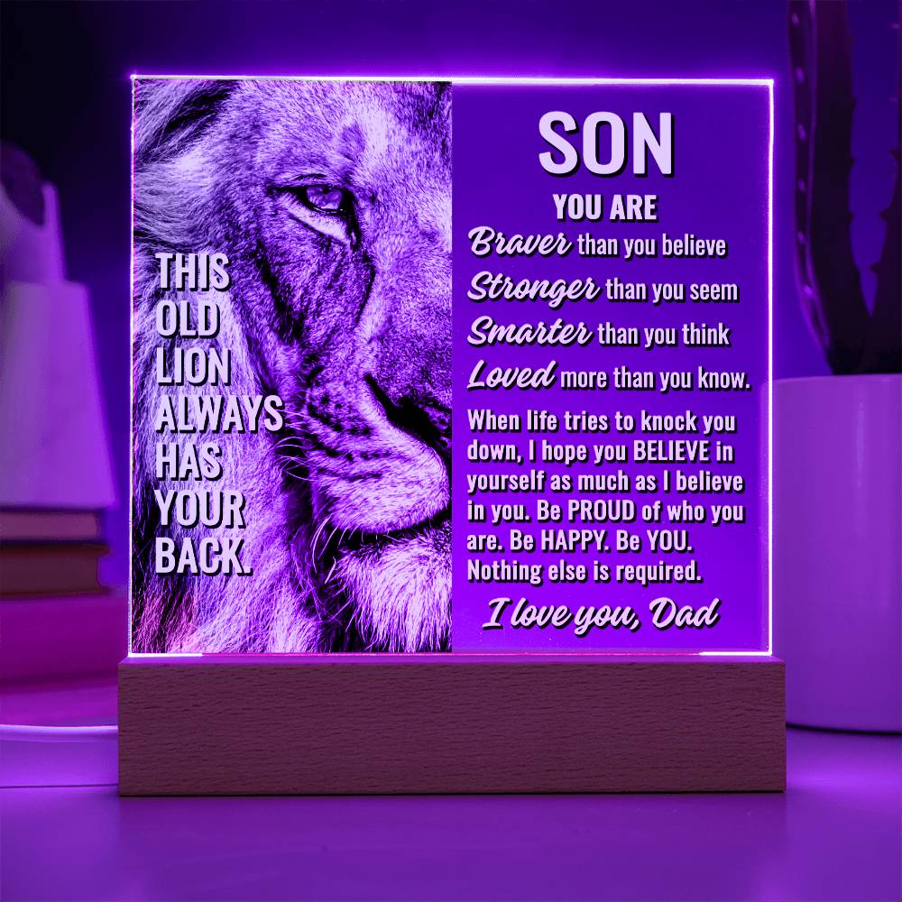 To Son From Dad "This old lion..." Acrylic Plaque With Lighted Base