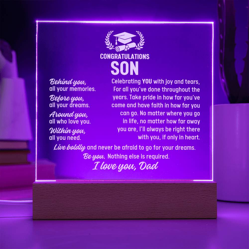 Son Graduation Gift From Dad,  Acrylic Plaque With Lighted Base