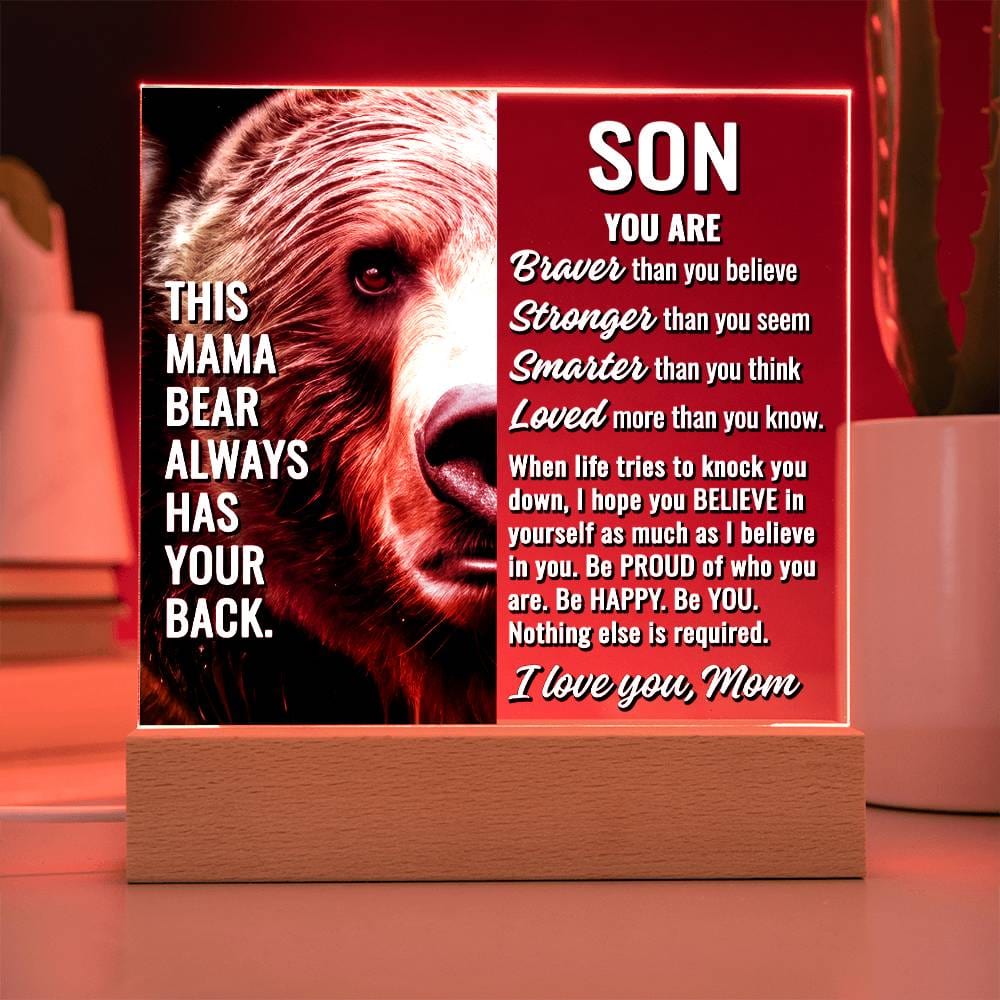 To Son From Mom "This mama bear..." Acrylic Plaque With Lighted Base