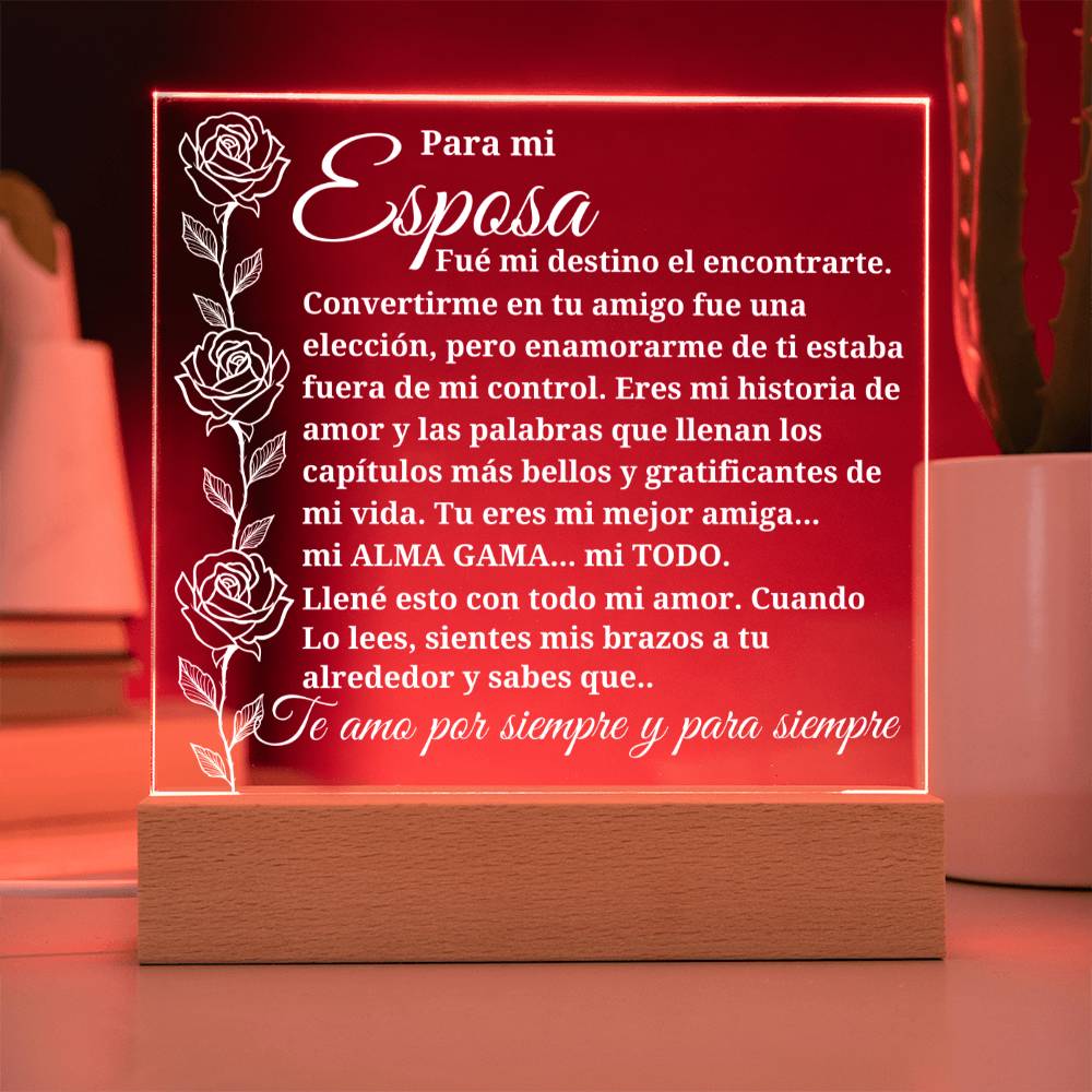 A mi esposa "Conocerte fue el destino..." Placa acrílica con base iluminada