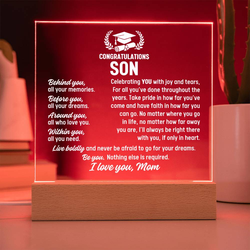 Son Graduation Gift From Mom,  Acrylic Plaque With Lighted Base